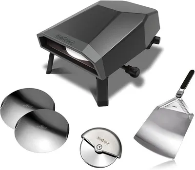 Immagine prodotto di Forno per pizza a gas modello 305 con pietra refrattaria girevole, incluso set di avvio con pala per pizza, 2 teglie per pizza e tagliapizza. Raggiunge fino a 400°C, è un forno da esterno potente (4,65 kW) e ideale per preparare pizze croccanti