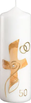 Produktbild von Goldhochzeitskerze "Kreuz marmoriert" 220 x 70 mm mit individueller Namensverzierung aus Wachsbuchstaben