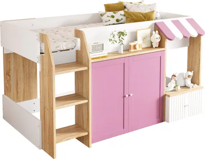 Productafbeelding van Kinderbed, huismodel, 90x200 cm, met open opbergruimte, met klimladder, halthoge kinderbedstee, massief houten kinderbedstee zonder matras