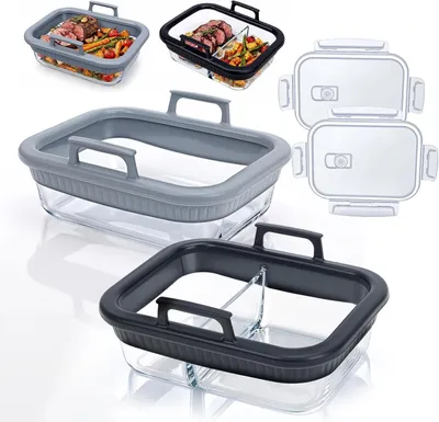 Produktbild von Ofenschale mit Deckel – Glasene Ofenschale – Zubehör für Heißluftfritteusen – BPA-frei – Spülmaschinenfest – Abnehmbarer Silikonring