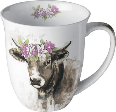 Produktbild von Tasse 10cm Porzellan 0,4L Kuh mit Blumenkranz Motiv Weiß / Braun