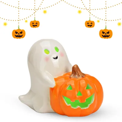 Produktbild von Keramik Geist mit LED & Kürbis, Weiß, Halloween Deko, 10 cm