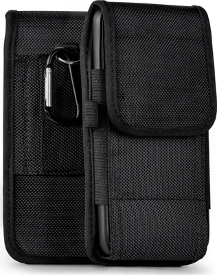 A black phone belt pouch with a carabiner clip is shown against a white background.