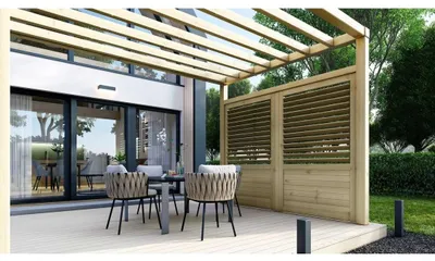 Produktbild von Zaun, Holzlamellenpanel, Set - braun imprägniert