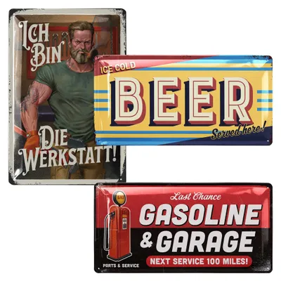 Produktbild von Blechschilder retro 3er Set, Werkstatt Schilder, Vatertagsgeschenk für Papas, Geschenke für Papas KFZ Mechaniker, vintage Metallschilder