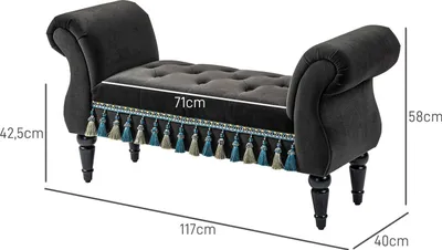 Obrázek produktu pro Čalouněná lavice do ložnice, s úložným prostorem, područka, dřevěné nohy, vintage design, sametový vzhled, nosnost 150 kg, 117x4 x58cm, tmavě šedá barva