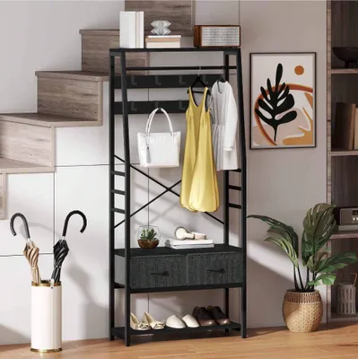 Produktbild von BALCONERA Garderobenregal, 6-in-1-Garderobenständer mit 2 Schubladen, Standgarderobe mit Schuhablage, 8 Haken, Schwarz