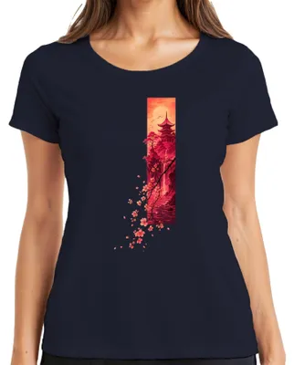 Immagine prodotto di Maglietta da donna, taglia L, colore blu navy, con stampa raffigurante: pagoda giapponese, fiori di ciliegio (sakura), cascata, paesaggio, stile Y2K, elementi naturali