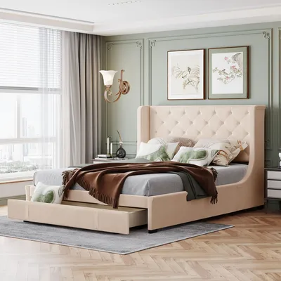Produktbild von Polsterbett mit Lattenrost und Schubladen, 140x200 cm, gepolsterter Kopfteil mit seitlichen Ohren, Bezug aus Leinen, Doppelbett, Jugendbett