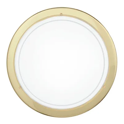 A top-down view of a round ceiling light fixture with a gold-colored rim and a white diffuser.