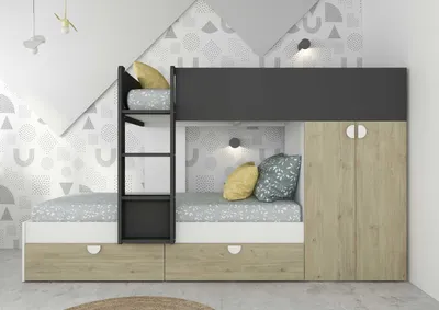 Immagine prodotto di Letto a castello rovere e antracite con armadio 2 ante e cassetti