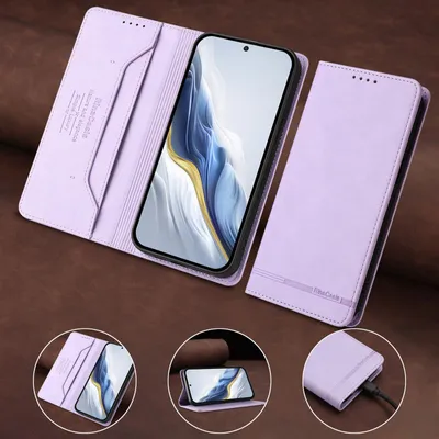 A lavender flip phone case is shown open, with a phone inside, and also closed, with a charging cable inserted.