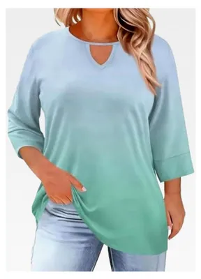 Produktbild von Damenbluse Rundhals Locker Oberteile Große Größen Cut Out Tops Einfarbig Basic Tunika Top Casual Elegante Übergröße Longshirt 3/4 Arm Shirt Frühling Sommer Freizeitoberteile