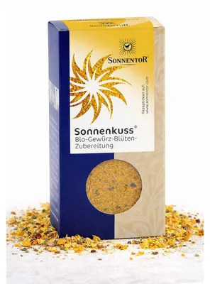 Produktbild von Sonnentor Sonnenkuss Gewürz-Blüten-Zubereitung , Pulverförmige Gewürze, 40 g, Lorbeerblatt, Ringelblume, Kardamom, Chili, Koriander, Kreuzkümmel, Fenchel, Bockshornklee,..., Kurkuma Kardamom Muskat gemahlen Sonnenblumenblütenblätter Mutterkümmel..., 328 kcal, 1365 kJ