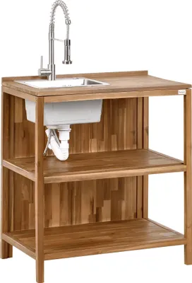 Obrázek produktu pro BELIANI Venkovní kuchyňský ostrůvek s dřezem a baterií hnědý a stříbrný akáciové dřevo 50 x 80 x 90 cm zahrada letní kuchyně