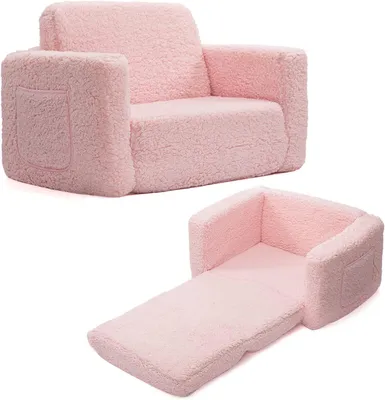 Imagen del producto de Sofá infantil 2 en 1, con funda de sherpa, 90x50 cm, ideal para habitaciones infantiles