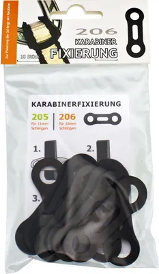 Verpackung mit 10 Karabinerfixierungen RUBBERFIX von Aliens für 11 mm Schlingen.