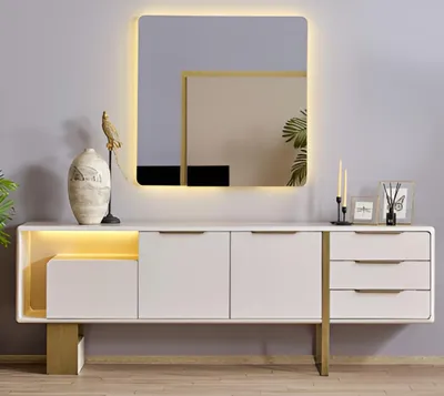 Image de Buffet design blanc et doré – Commode avec éclairage LED, style moderne haut de gamme