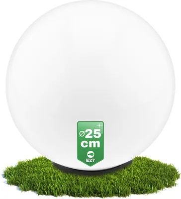 A white sphere light fixture resting on a patch of artificial grass.