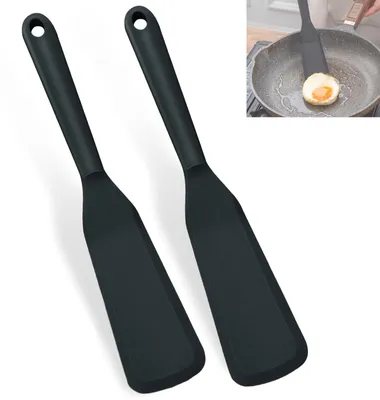 Produktbild von 2-teiliges Silikonspatel-Set, antihaftbeschichtet, hitzebeständige Pfannenwender zum Braten von Eiern, Hamburgern, Pizza, Steaks, Omeletts, Crêpes, schwarz