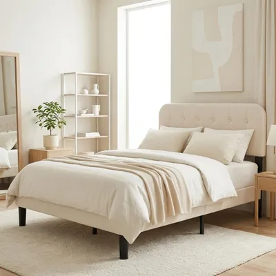 Image de Lit rembourré Bealife avec repose-tête réglable en hauteur, taille double 120x200 cm, revêtement en tissu, idéal pour une chambre de jeune, structure de lit rembourrée avec sommier à lattes, couleur beige, modèle BF54