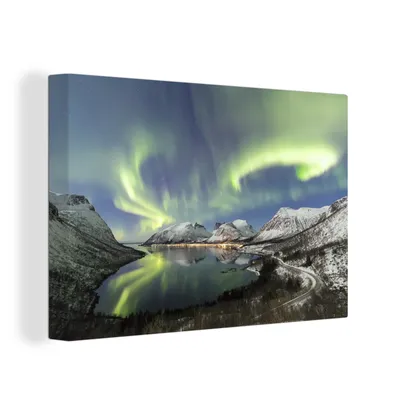 Produktbild von OneMillionCanvasses® - Leinwandbilder - 150x100 cm, Nordlichter - Meer - Berge, Wandbilder Kunstdruck Wanddekoration