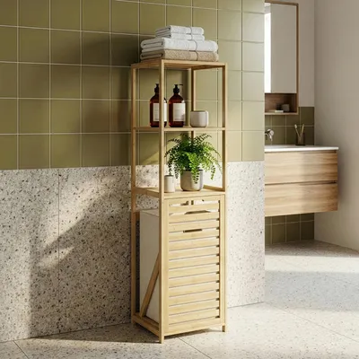 Produktbild von Badregal mit Wäschesammler 'Anun' 130 x 36 x 33 cm 2 offene Ablagefächer Wäschekorb 43,5 L Bambus Holzfarben