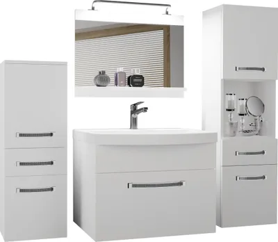 Produktbild von BELINI Badmöbel Vollausstattung Set Waschbeckenschrank, 1x kleiner Schrank, 1xHochschrank, Waschbecken, Spiegel, Lampe (Weiß, Matt)
