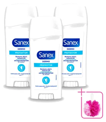 Imagen del producto de 3 unidades de antitranspirante en barra Sanex Dermo Protector, 65 ml cada uno, pack ahorro