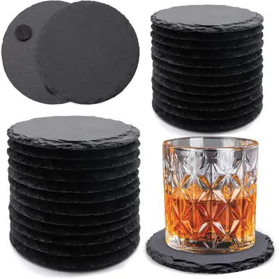 Produktbild von Runde Schiefer-Getränkeuntersetzer 10,2 cm Schwarz 24 Stück