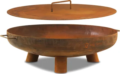 A rusty metal fire pit with a lid, shown on a white background.