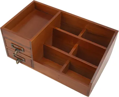 Imagen del producto de Organizador de escritorio de madera, con 2 cajones, 6 compartimentos, ecológico, para material de oficina