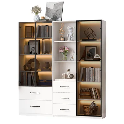 Produktbild von Merax Glasvitrine mit Glastür, Regale, Schubladen, Hochschrank, Stehend Vitrinenschrank für Wohnzimmer Schlafzimmer, 140x40x160cm, Weiß