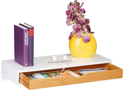Productafbeelding van Wandplank met lade - 8 x 60 x 24 cm - Wandschap scandinavisch design - MDF - Bamboe - Wit - Natuur