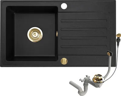 Produktbild von Faizee Home Einbau-Küchenspüle Granit Schwarz 76x44 cm mit Gold-Siphon und Armaturen EU