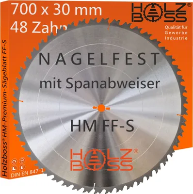 A circular saw blade is shown against a white background, with orange packaging visible on the left and top edges.