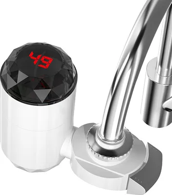 A close-up view of a kitchen faucet attachment with a digital display.