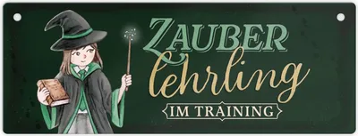 Produktbild von Zauberlehrling Metallschild mit Zauberschülerin in grün mit dunklem Hintergrund