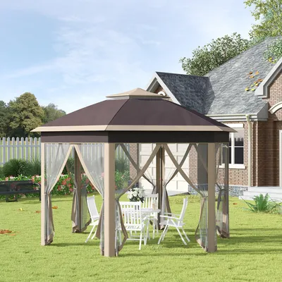 Produktbild von Faltpavillon 4x4 m Sechseck Pop-Up, Gartenpavillon Partyzelt, Doppeldach Metallgestell Polyester, Khaki | 405x405x285 cm | 20,3 kg | 6 Seitenteile