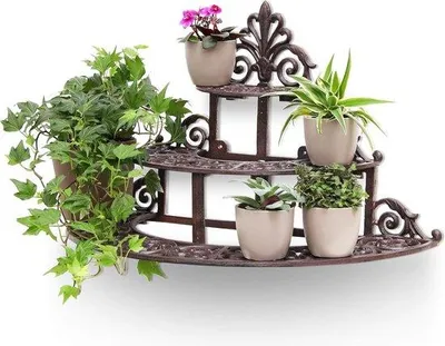 Obrázok produktu pre Famanu, viacúrovňový stojan na rastliny, 3 poschodia, liatina, okrúhly tvar – vhodné do interiéru aj exteriéru – rozmery: 34 x 54 x 29 cm – kovový regál na rastliny, bronzová farba