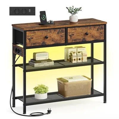 Produktbild von SONGMICS Konsolentisch mit LED-Beleuchtung, schmaler Konsolentisch mit Steckdose, Flur oder Wohnzimmer, 2 Schubladen, braun
