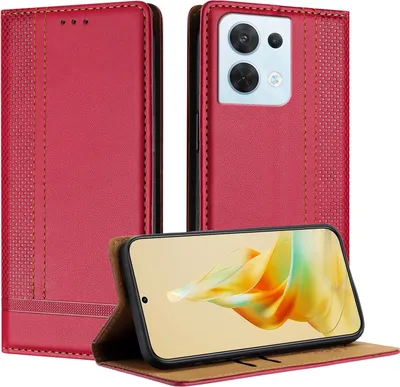 Produktbild von Handyhülle für OPPO Reno8 5G Leder Flip Klappbare Schutzhülle mit Standfunktion Rot