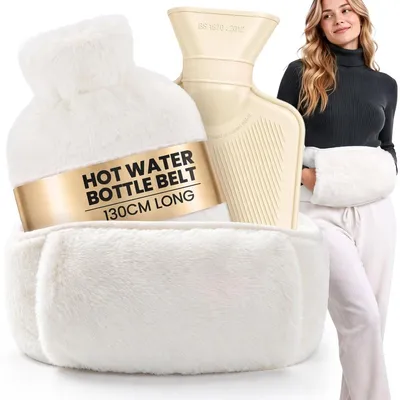 Produktbild von Warmwasserflasche mit Tragegurt – Warmwasserbeutel – 1 Liter – 130 cm – Beige – Für Nacken, Schultern und Rücken