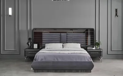 Produktbild von Graue Schlafzimmergarnitur Doppelbett 2x Nachttische Mit Schubladen