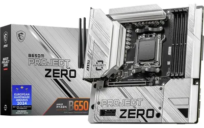 Image de MSI B650M PROJECT ZERO - Carte mère - micro ATX - Socket AM5 - Chipsatz AMD B650 - USB 3,2 Gen 1, USB 3,2 Gen 2, USB-C 3,2 Gen2, USB-C 3,2 Gen 2x2 - 2,5 Gigabit LAN, Wi-Fi 6E, Bluetooth - Onboard-Grafik (CPU erforderlich) - HD Audio (8-Kanal) (7E09-003R)
