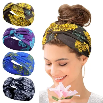 Imagen del producto de Diadema elástica, 4 unidades, estilo bohemio, para mujer, accesorio para el cabello para yoga