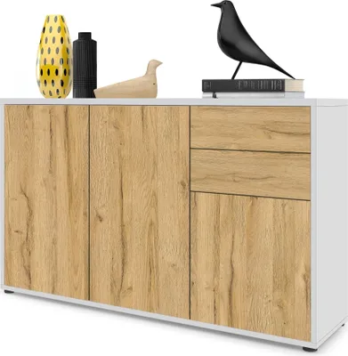 Produktbild von Vladon Sideboard Ben V3, Kommode mit 3 Türen und 2 Schubladen, Weiß matt/Eiche Natur (117 x 74 x 36 cm)
