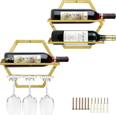 Zdjęcie produktu dla Wieszak na wino do montażu na ścianie, zestaw 2 sztuk, kolor czerwony, uchwyty na butelki, dekoracja do kuchni i baru