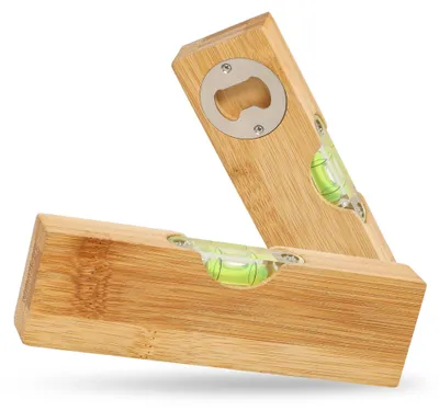 Produktbild von Wasserwaage 2in1 mit Flaschenöffner - Mini Wasserwaage aus Bambus mit Kapselheber für Werkstatt, Camping und Zuhause - natur