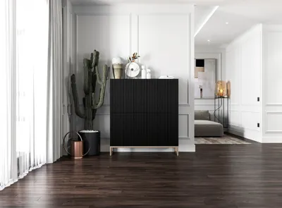 Produktbild von Glamour Kommode TV Schwarz matt Elpis 4D TV-Sideboard Modern Lindner Möbel 112cm x 36,5cm x 126 cm Farbe: Schwarz matt- Italienische Tiefmattfolie